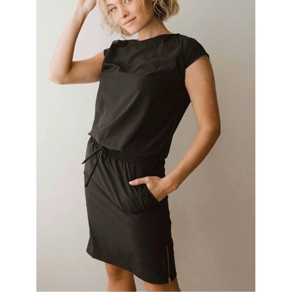 Albion Fit Dress Medium Black Cap Sleeve Elastic Waist Athleisure Zip Hem Travel